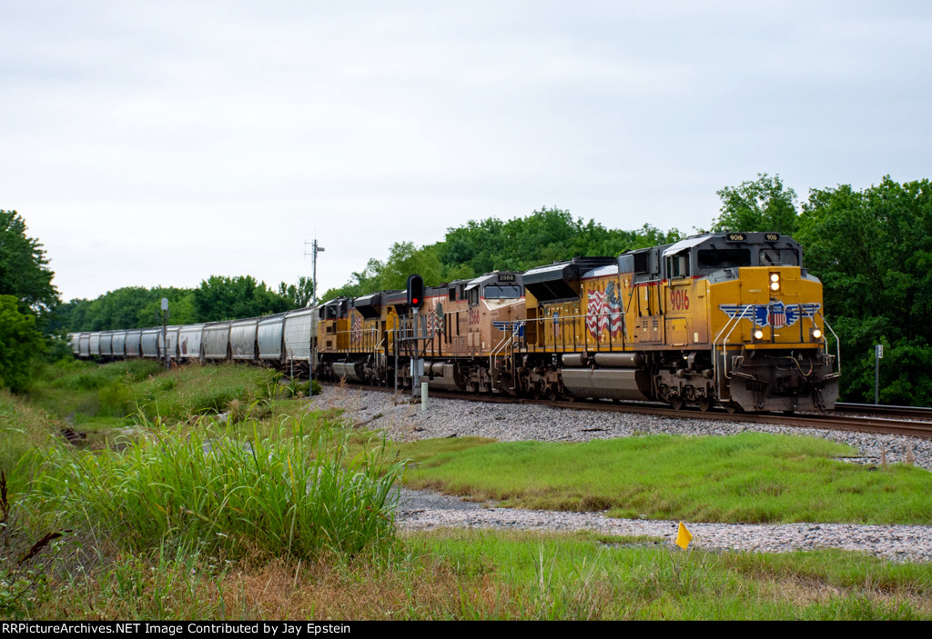 A southbound grain train crawls into the siding in McAlester